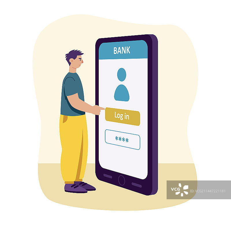 年轻人站在大型手机屏幕前登录图片素材