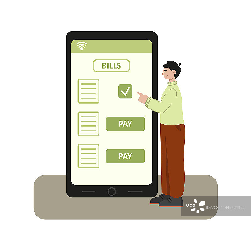 站在手机屏幕旁的年轻男人图片素材