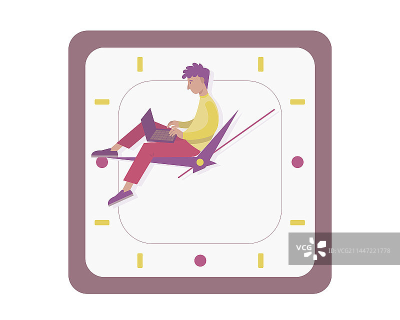 卡通男人坐在手表上用笔记本电脑工作图片素材