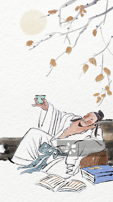 举杯邀明月的古代诗人李白人物风景插画图片素材