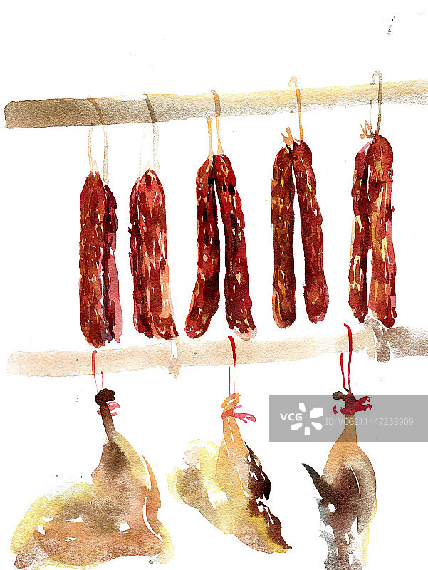 晾晒腊肠和鸡腿图片素材