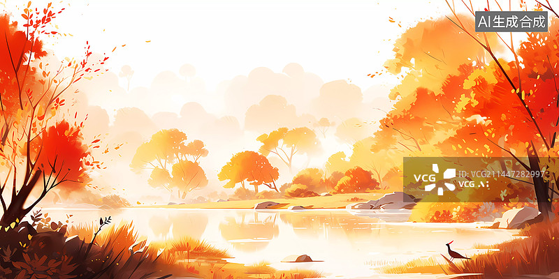 【AI数字艺术】秋天唯美黄色小麦田温馨插画图片素材