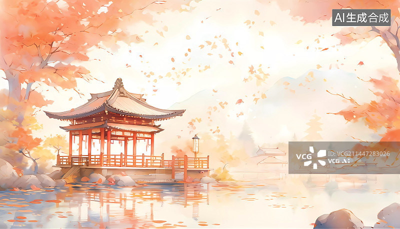 【AI数字艺术】秋天的古风中式园林图片素材