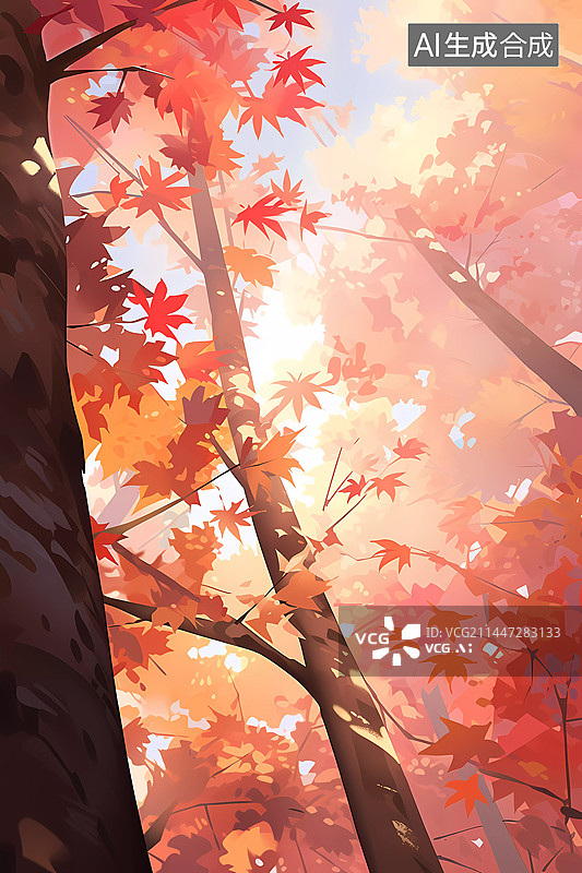 【AI数字艺术】温馨秋天户外自然枫叶风景插画图片素材