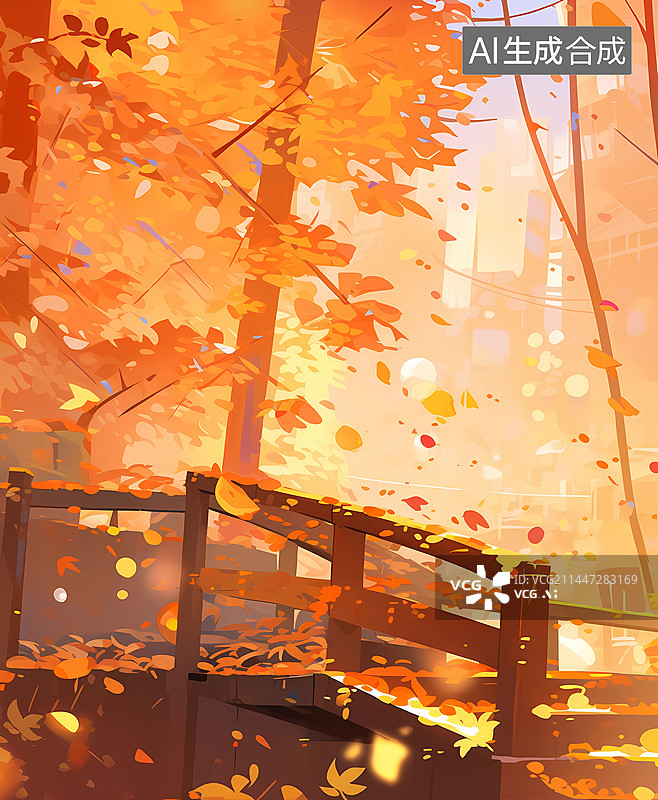 【AI数字艺术】温馨秋天户外自然枫叶风景插画图片素材