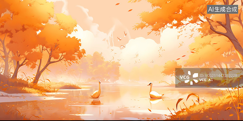 【AI数字艺术】秋天唯美黄色小麦田温馨插画图片素材