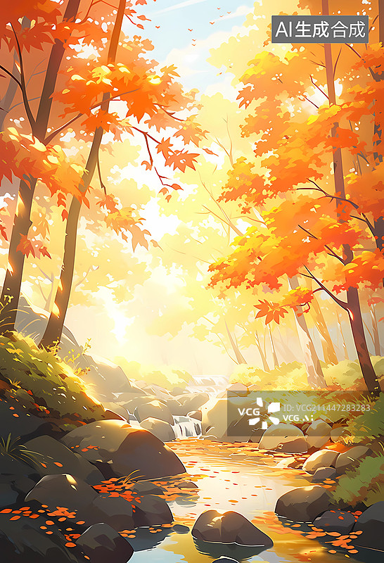 【AI数字艺术】温馨秋天户外自然枫叶风景插画图片素材