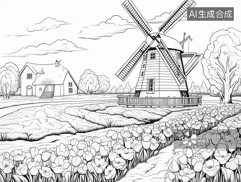 【AI数字艺术】传统风车在多云的天空下的景色图片素材