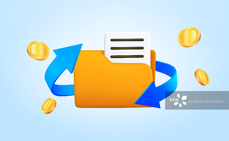 带有循环箭头和硬币的3D文件夹和文件图片素材