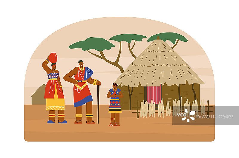 茅屋旁快乐的非洲人扁平风格图片素材