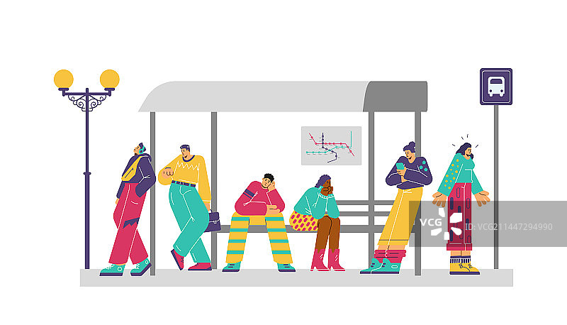 在车站焦急等待公共交通的人们图片素材
