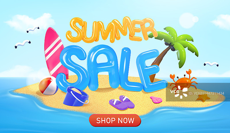 夏季促销广告海报 热带小岛上的字母气球图片素材