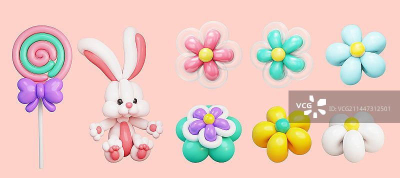 可爱棒棒糖白兔与花卉造型气球素材集合图片素材