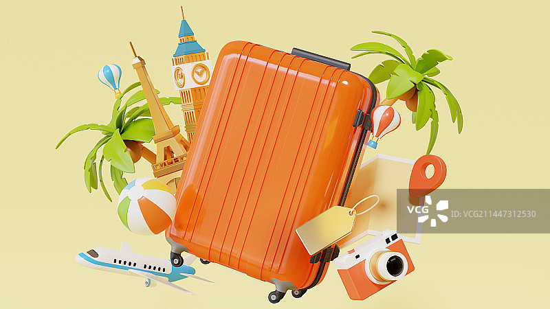 橘色行李箱广告横幅 交通工具地标与植物图片素材