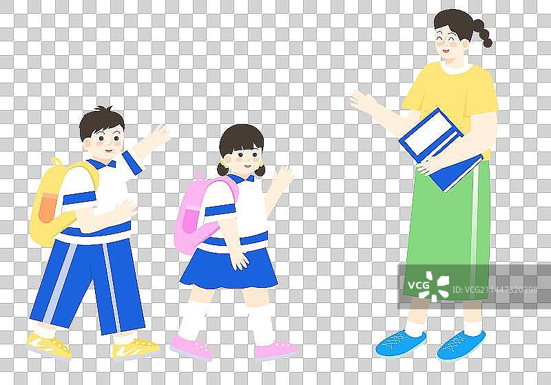 卡通教育儿童学龄前儿童小学生开学季打招呼教师招生扁平矢量插画图片素材