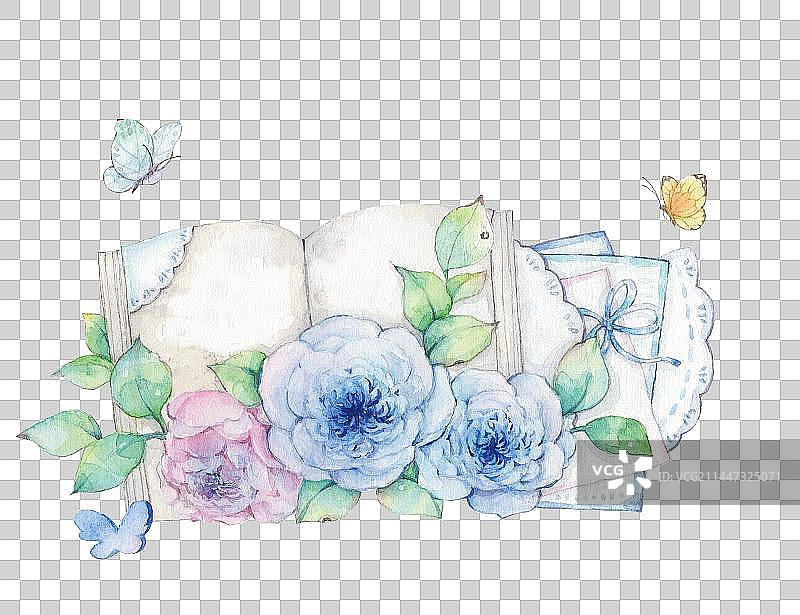 水彩手绘白色背景下一本打开的书籍和鲜花图片素材