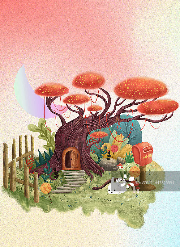 小场景树下的小兔子插画图片素材