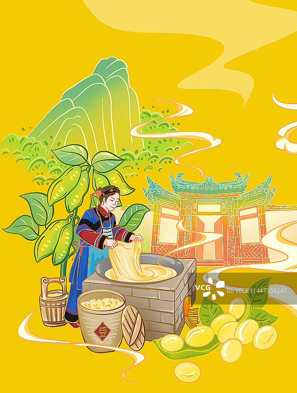 国风美食插画清流客家妇女在灶膛上手工制作豆腐皮图片素材