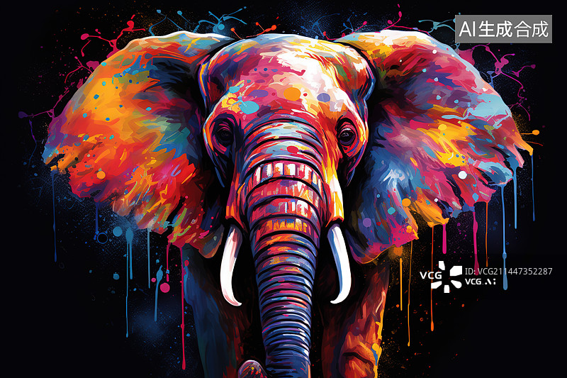 【AI数字艺术】黑色背景下的大象肖像图片素材