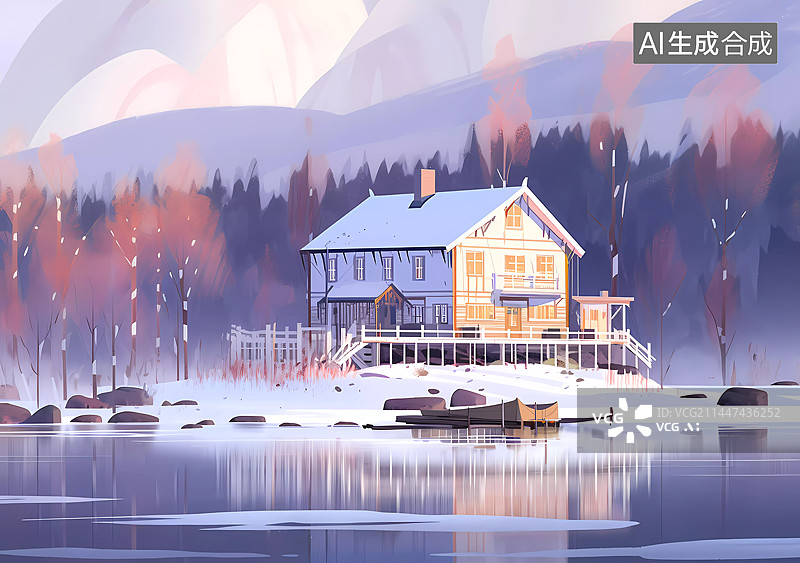 【AI数字艺术】冬天下雪城镇风景插画图片素材