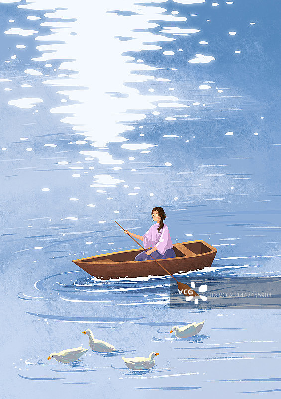 治愈系小清新插画一个穿中式服装的青年女人在湖面划船图片素材