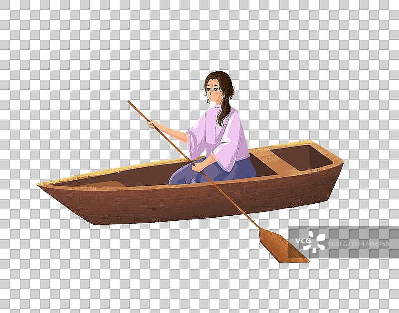 治愈系小清新插画一个穿中式服装的女孩在划船图片素材