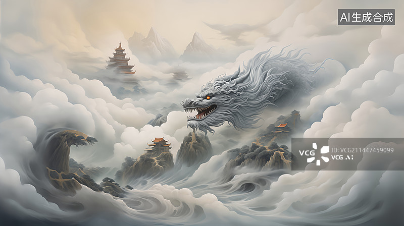 【AI数字艺术】中国风神话龙云雾山峰古建筑宫殿图片素材