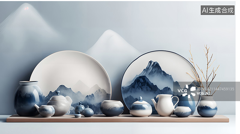 【AI数字艺术】青花瓷茶壶茶杯茶具花瓶瓷器灰蓝色背景图片素材