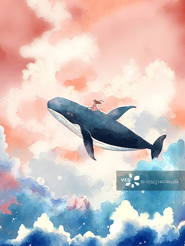 清新水彩飞翔的鲸鱼图片素材