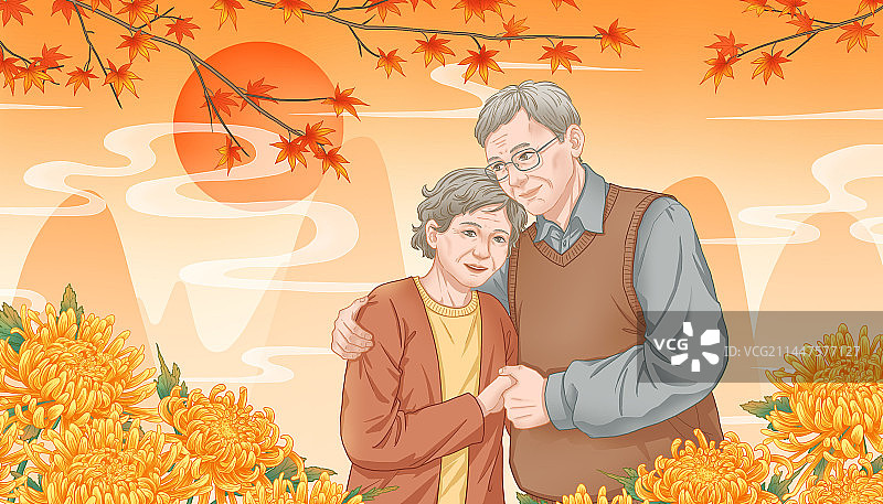 重阳节插画赏菊的老人夫妻图片素材
