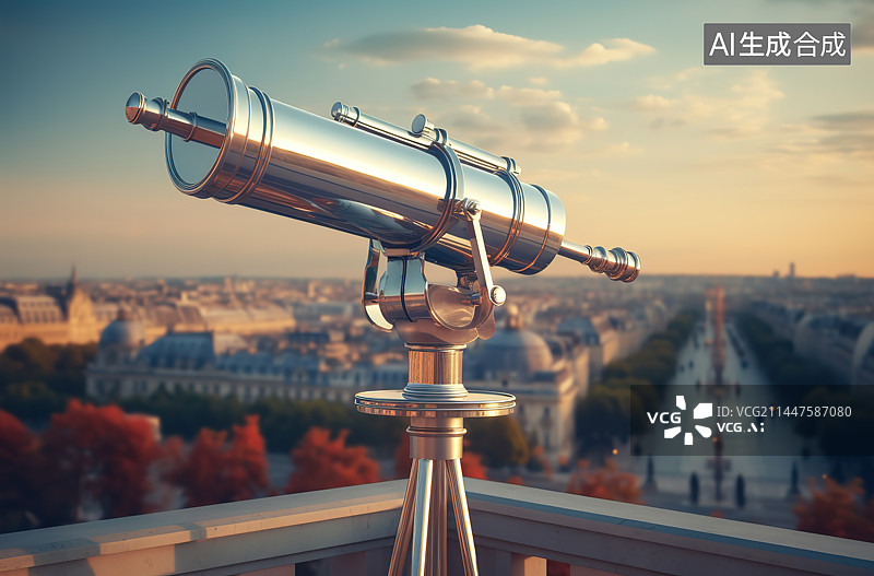 【AI数字艺术】日落时投币望远镜对天空的特写镜头图片素材