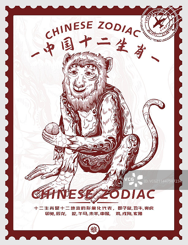 十二生肖猴邮票模版设计图片素材