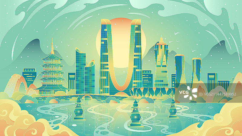 杭州城市地标建筑国潮风插画图片素材