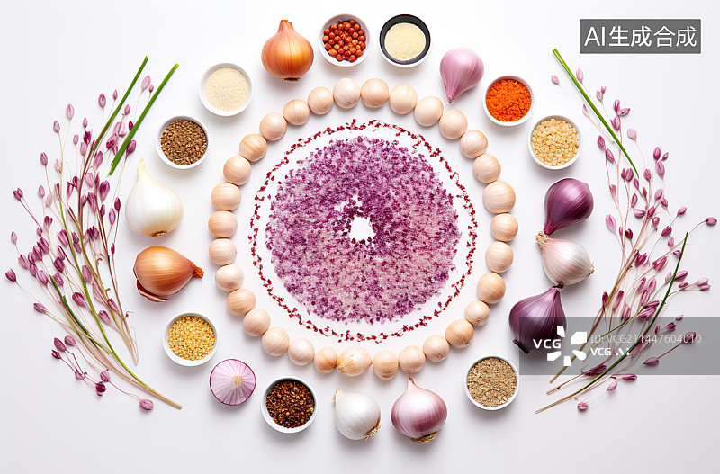 【AI数字艺术】正上方白色背景下的食物照片图片素材