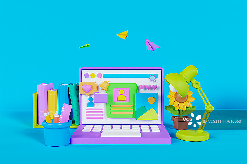 3D立体开学季工作办公文具电及台灯插画图片素材