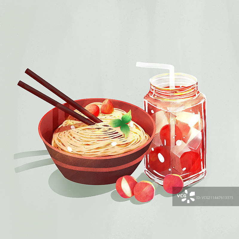 夏日凉面和冰爽饮品美味美食插画图片素材