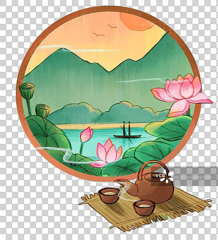 古风远山河水夕阳荷叶荷花喝茶对饮夏日意境插画图片素材
