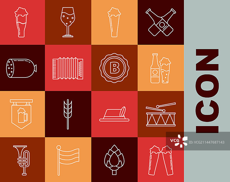 啤酒杯与乐器鼓线条组合图片素材