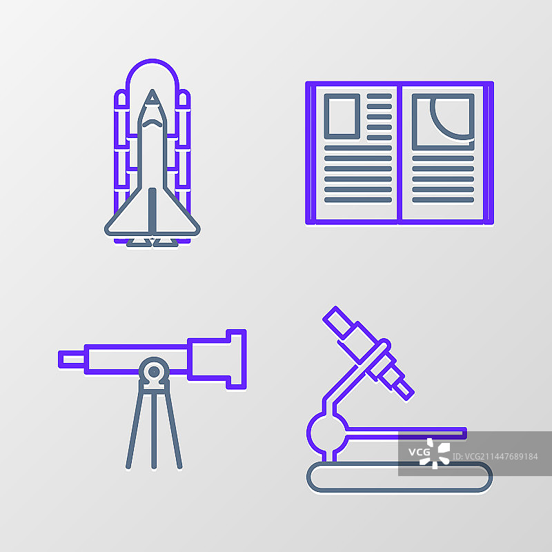 显微镜、望远镜与打开的书本线条图片素材