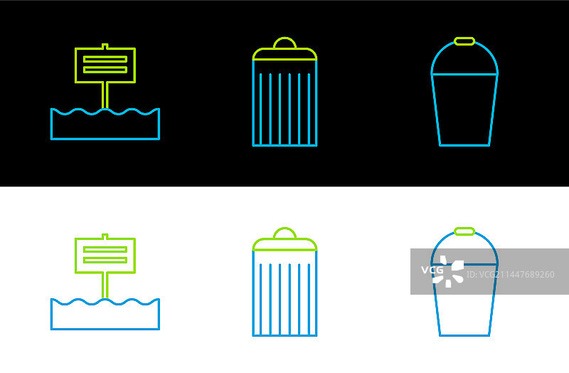 水桶、空白木板和垃圾桶线条图片素材
