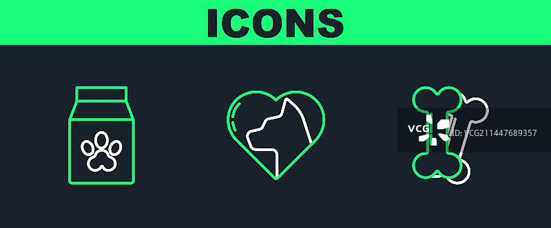 狗、骨头、宠物食品袋和爱心线条图案图片素材