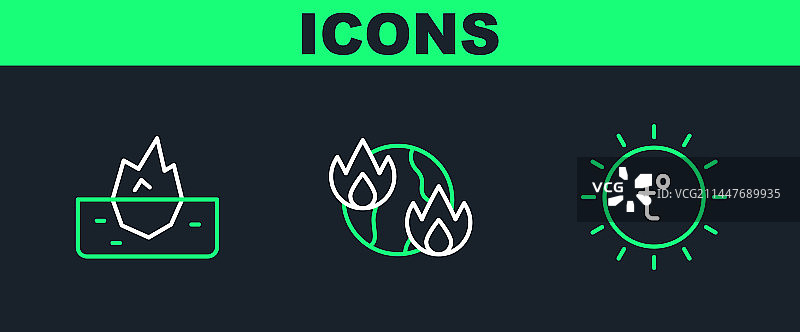 太阳冰山与全球变暖火焰线性图标图片素材