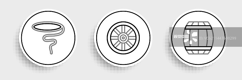 枪、火药桶、套索和旧木桶组合图片素材