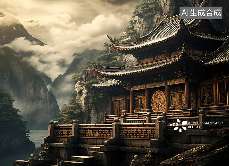 【AI数字艺术】云雾中的寺庙图片素材