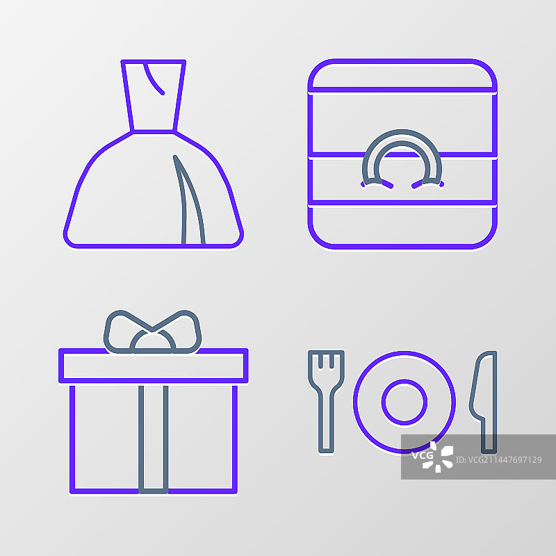 餐具、礼品盒和婚礼线条组合图片素材