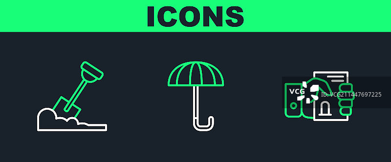 手持死亡证明和铲子设置线条图片素材