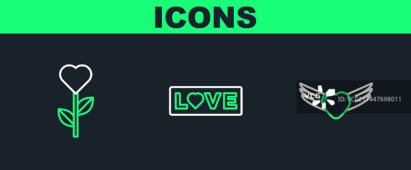 带翅膀花朵和爱心的心形线条组合图片素材