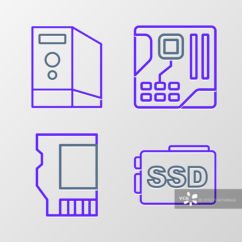 固态硬盘、主板、数字芯片线性图标图片素材