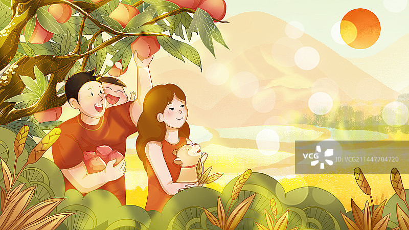 秋天一家人旅游采摘桃子场景插画图片素材
