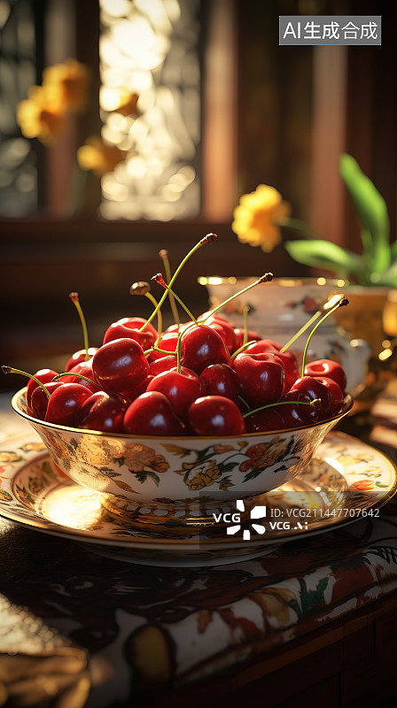 【AI数字艺术】桌上盘子里的樱桃特写镜头图片素材